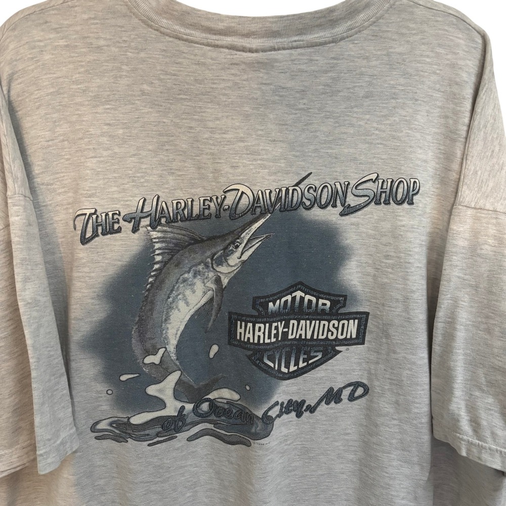 Vintage 1998 Harley‎ Davidson Ocean City MD Marlin Fish Pocket T-Shirt Grey XXXL